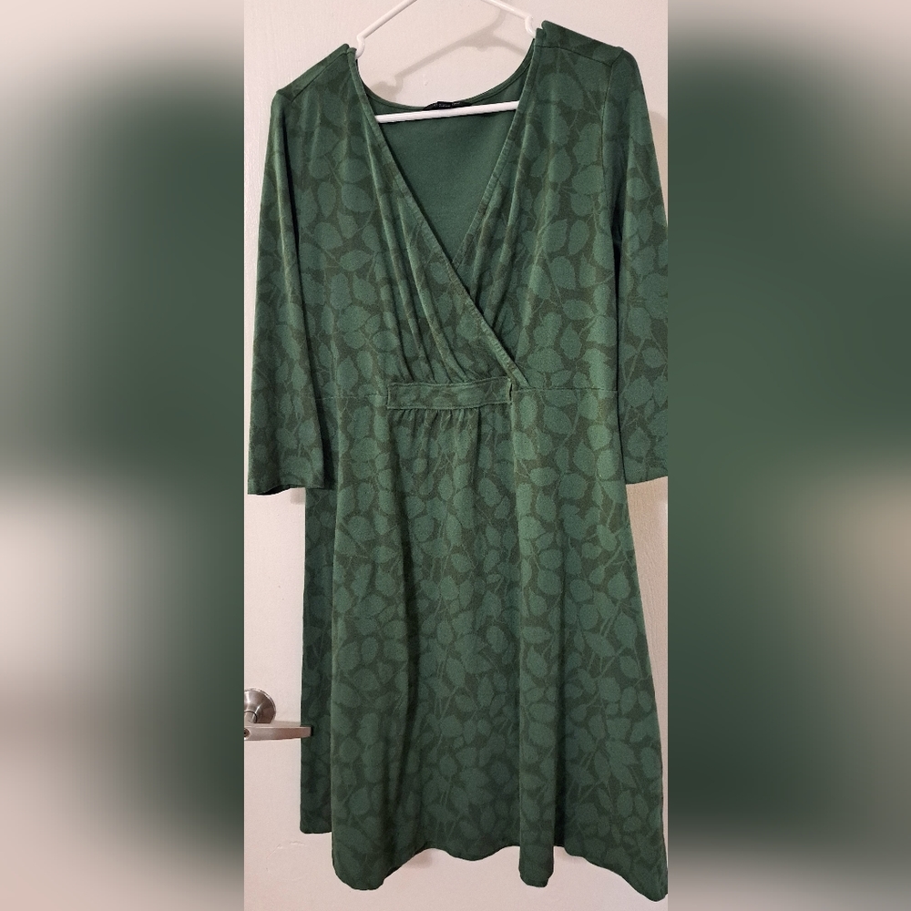 Lands' End green leafy empire waist surplice top cotton dress 0X